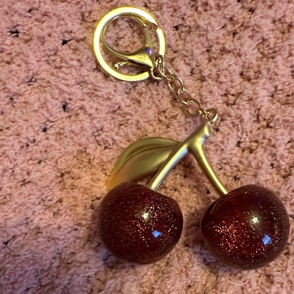 Cherry Keychain Bag Charm: Glitter Acrylic Fruit Accessory  Keychain/Bag Charm Gold & Red Cherries.🍒